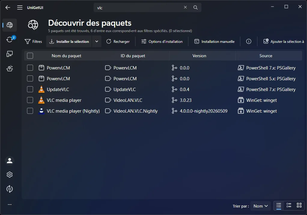 Interface du logiciel UniGetUI